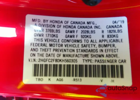 2019 Honda Civic Sport из США, поврежденный, VIN 2HGFC2F80KH560305